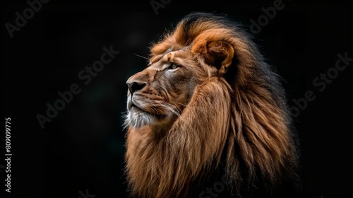   A tight shot of a lion s face against a black backdrop  its head slightly blurred
