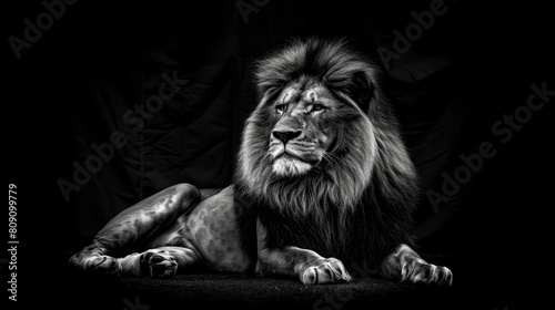  lion seated on black backdrop  head turned sideways  eyes shut