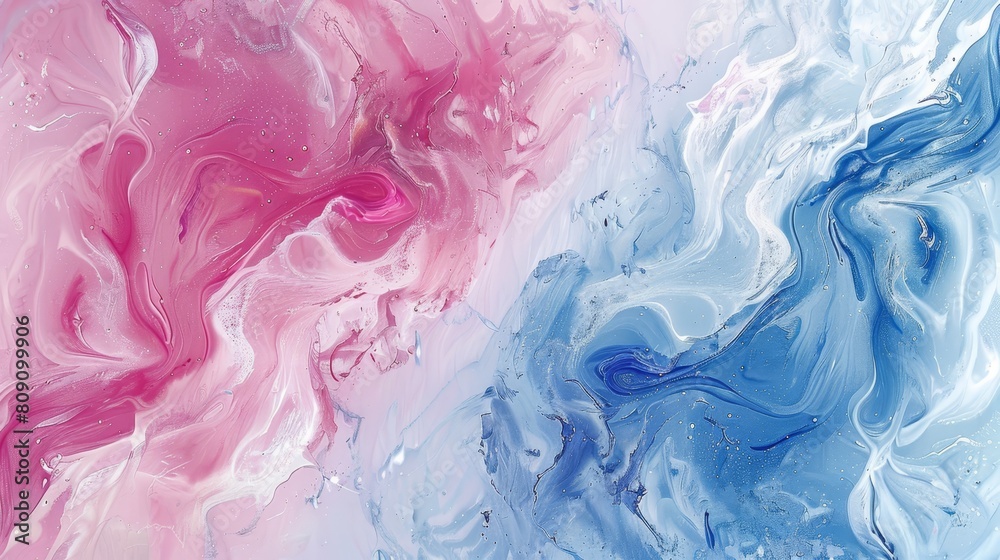 A blue, pink, and white abstract painting features water drops at its base A blue, pink, and white abstract painting features water drops at its base