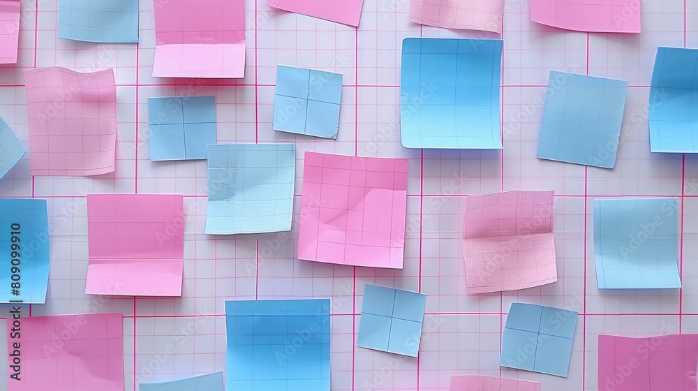 A collection of pink and blue papers against a pink-and-white checkered backdrop featuring square and rectangular patterns A collection of pink and blue papers against a pink-and-white checkered backdrop featuring square and rectangular patterns