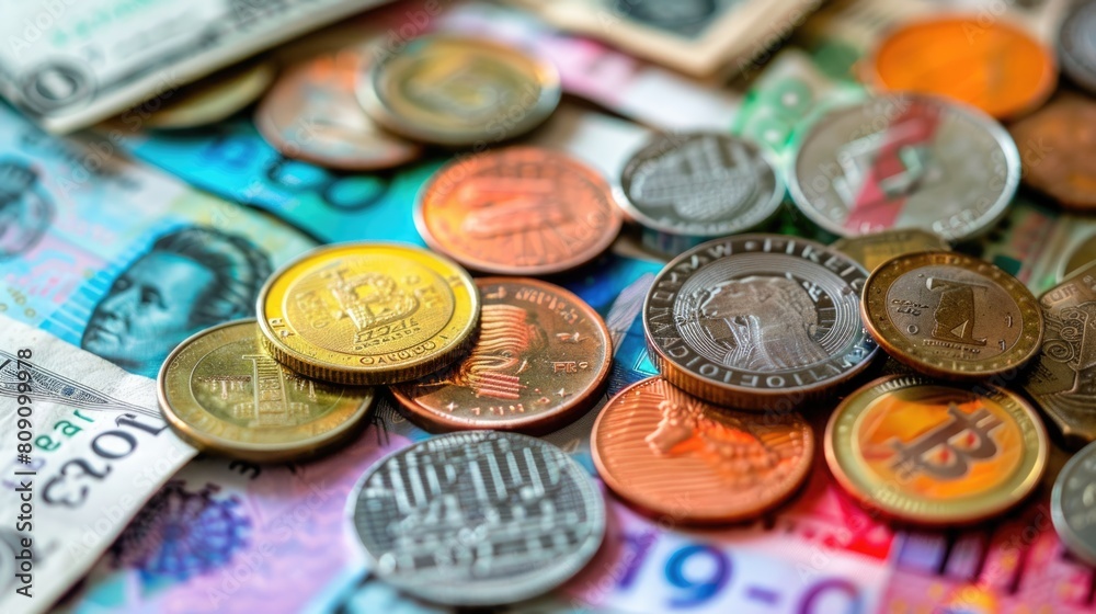 Close up of various global currencies, colorful banknotes and intricate coins spread out, highlighting textures and symbols of different nations Rich colors Close up of various global currencies, colorful banknotes and intricate coins spread out, highlighting textures and symbols of different nations Rich colors