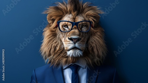   A man in a suit wears a lion's head mask accessorized with glasses photo