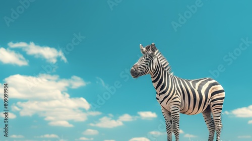   A zebra stands in a field against a backdrop of a blue sky dotted with white clouds