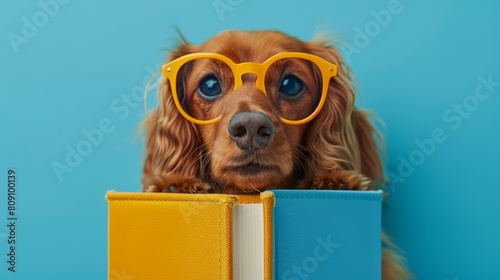   A brown dog in yellow glasses sits beside a blue-yellow book, marked by a bookmark © Jevjenijs