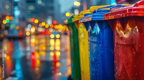  A row of brightly colored trash cans lines the city roadside at night