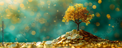 Golden tree growing on pile of golden coins, business and investment growth concept,  green minimal background, free space and copy space, use for work and presentation photo