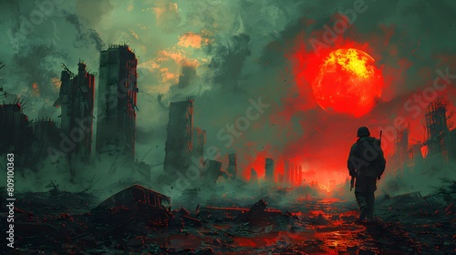 Soldier walking in a city in ruins destroyed by war. Army, military, forces armed and global destruction concept