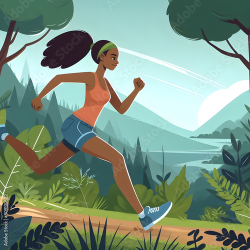 A woman practicing trail running in a forest