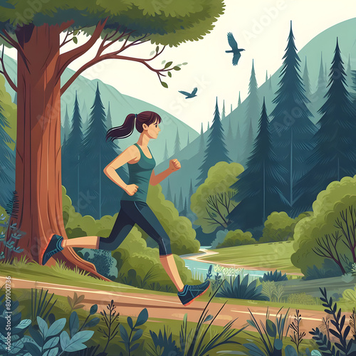 A woman practicing trail running in a forest