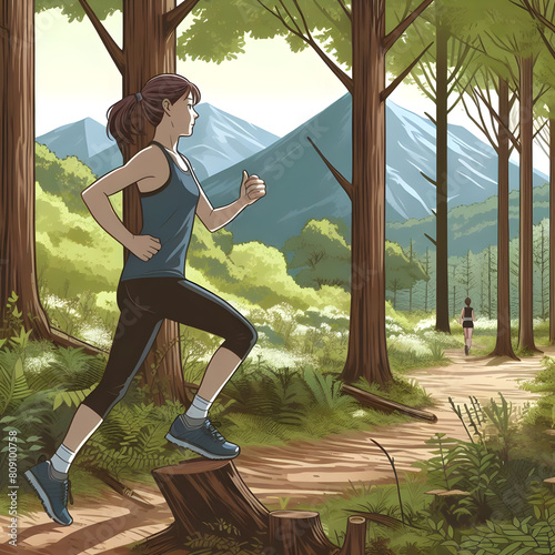 A woman practicing trail running in a forest