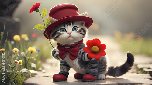 cat in the grassA cat in boots with a red hat, holding a flower in his hand photo