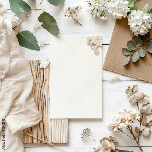 Blank paper sheet for text on a white wooden background with natural dried flowers and leaves. Flat lay  top view.