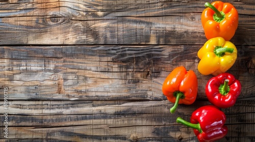 Red, yellow and orange bell peppers on a wooden table. photo