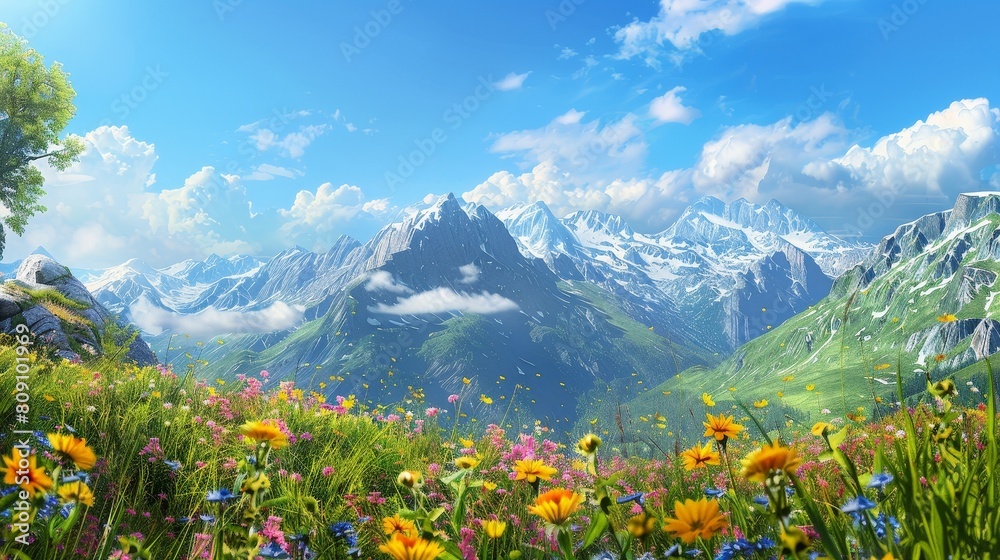 The image shows a beautiful mountain landscape with a blue sky, white clouds, green hills and colorful flowers.