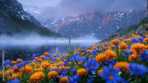 The image shows a beautiful landscape with a lake, mountains, and a field of flowers in the foreground. The sky is cloudy and the water is still. The scene is peaceful and serene.
