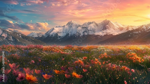 The image shows a beautiful landscape with mountains, a valley and a meadow full of flowers. The sky is a gradient of orange, pink and yellow.