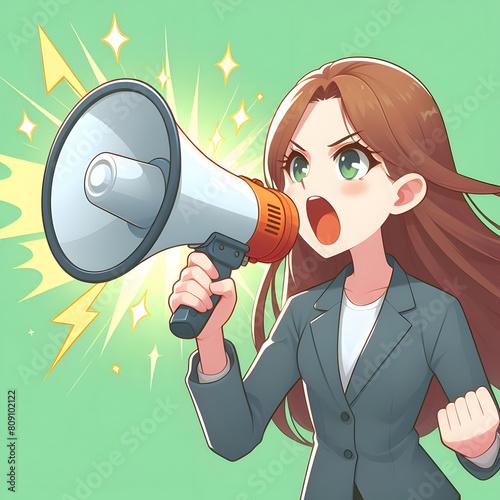 An empowered woman shouting into a megaphone