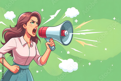 An empowered woman shouting into a megaphone