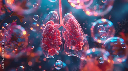 The image shows a pair of healthy lungs with a blue background with pink and purple bubbles. photo