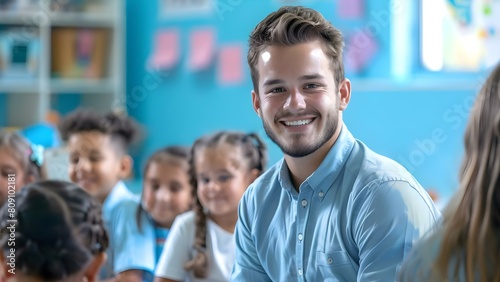 Male teacher smiling in classroom with elementary students posing for the camera. Concept School, Classroom, Teacher, Students, Smiling
