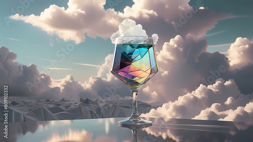 A sunlit iridescent mocktail glass with a cloud reflected in it, in the style of layered collages, geometric surrealism, minimalist nature studies, jagged edges, frostpunk, folded planes photo