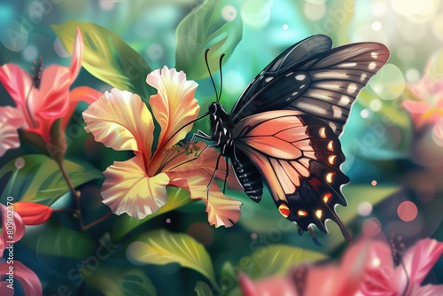 Colorful butterfly on a beautiful flower in the meadow in summer illustration photo