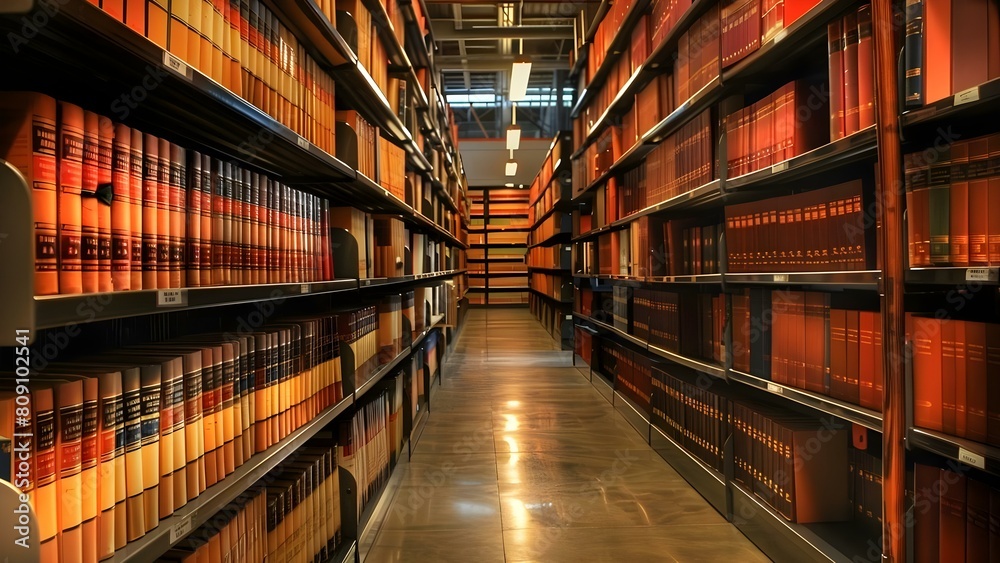 Law library shelves filled with legal books in a law firm. Concept Legal research, Law firm aesthetics, Legal resources, Legal literature, Law office design