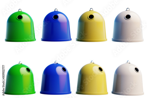 Several recycling garbage cans on transparent background. 3D Render