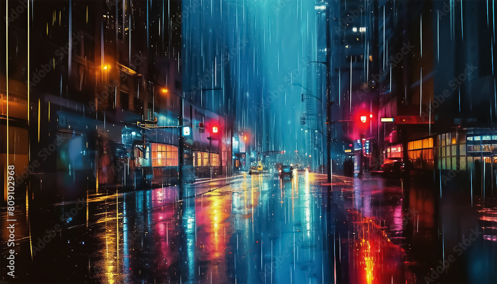 Fototapeta premium Rain in the night city. Blurred view of a city street with lights on a rainy night. Blurred bokeh highlights