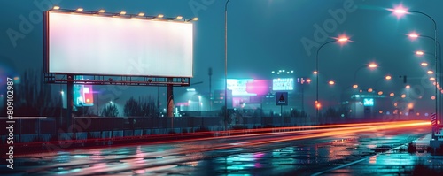 Blank billboard in the City on the side road, against a blurred techno city background with futuristic lighting and architectureb photo