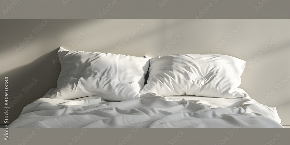 Blank bedding set mockup with white bed pillows duvet and bed sheet against a gray wall in an empty room and gray wall background for  Sleep day asleep and health problems insomnia concept    
