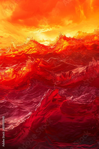 A lively and expressive fusion of scarlet red and bright orange waves, clashing in a dramatic display that evokes the fiery intensity of a summer sunset.