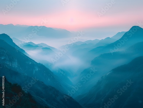 Misty Mountain Peaks at Peaceful Dawn Embodying Serene Natural Landscapes and Tranquil Wilderness