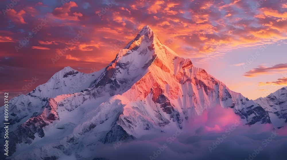 Magnificent Snow Capped Mountain Peak Illuminated by Vibrant Sunset Hues Over Serene Wilderness Landscape