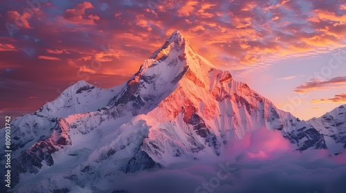 Magnificent Snow Capped Mountain Peak Illuminated by Vibrant Sunset Hues Over Serene Wilderness Landscape