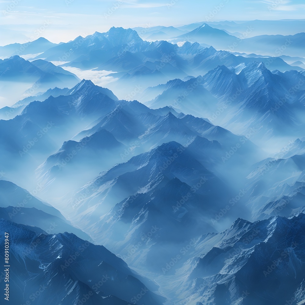 Helicopter View of Misty Mountain Peaks in Peaceful Majesty Isolated Summits Reaching Towards the Heavens in a Serene Landscape