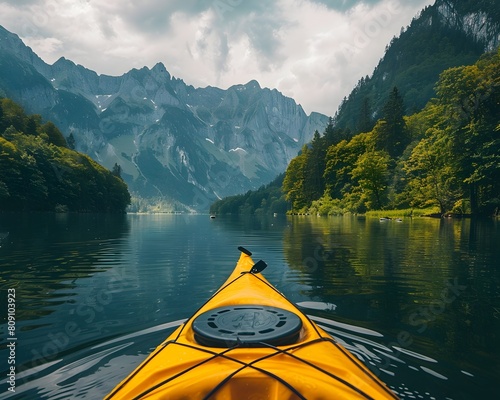 Kayaking on a Tranquil Mountain Lake with Reflective Waters and Picturesque Landscapes © Thares2020