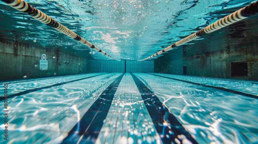 Obraz premium Multiple lanes stretch out in an underwater swimming pool, each designated for swimmers to train and compete in a structured setting.