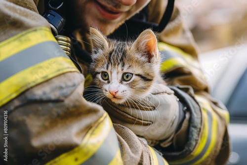 Firefighter cradling a rescued kitten photo