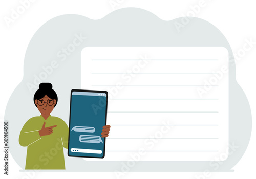 A woman holds a mobile phone with correspondence and SMS messages in his hand. Advertising, poster, place for text.