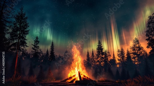 Camp fire in wilderness forest night on Aurora borealis  northern lights over bonfire in winter forest background. 