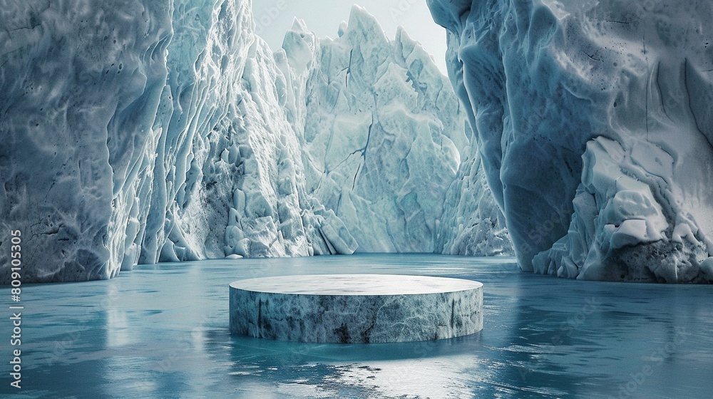 Crystal ice empty product display podium on cold blue glacier ...