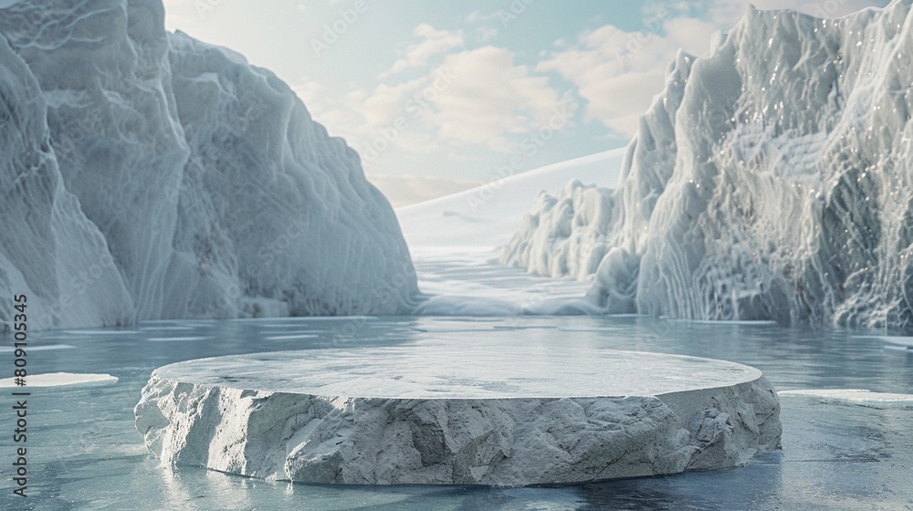Crystal ice empty product display podium on cold blue glacier ...