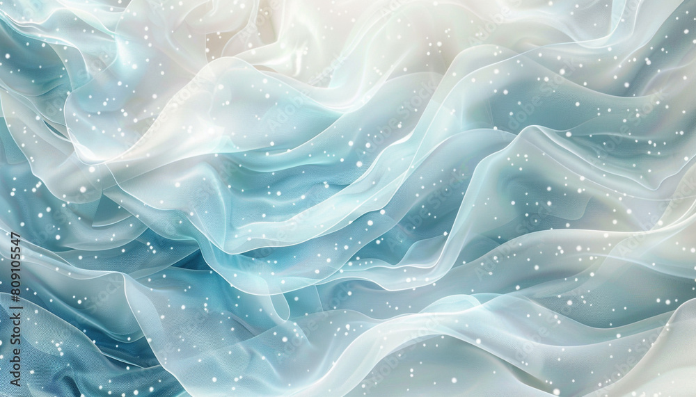 A serene and elegant interaction of soft blue and pearl white waves, merging in a graceful dance that evokes the calmness of a gentle snowfall.