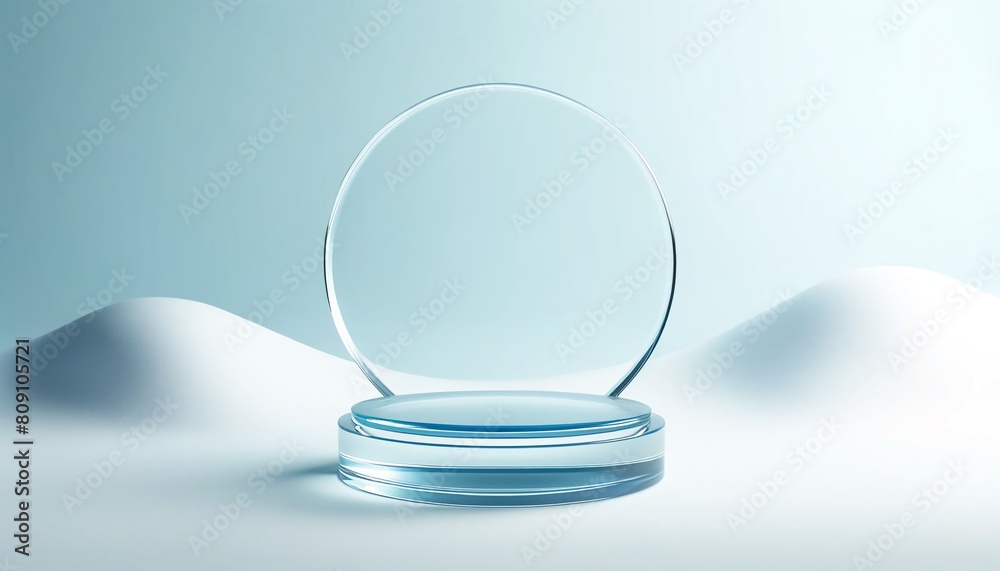 abstract geometrical background with blue transparent round glass. Modern minimal glass display podium showcase mock up. For cosmetic product display, scientific lab commercial use. abstract geometrical background with blue transparent round glass. Modern minimal glass display podium showcase mock up. For cosmetic product display, scientific lab commercial use.