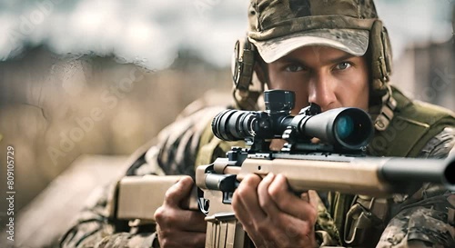 Man sniper aiming. photo