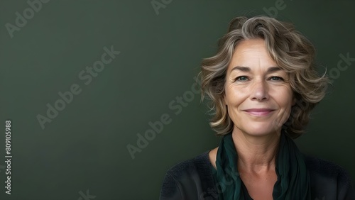 Middleaged woman smiling at camera on green background in studio portrait. Concept Studio Portrait, Middle-aged Woman, Smiling, Green Background, Lifestyle © Anastasiia