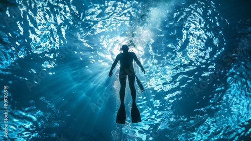 A person swimming in the water  enjoying the fluid motion as they move through the clear blue aquatic environment.