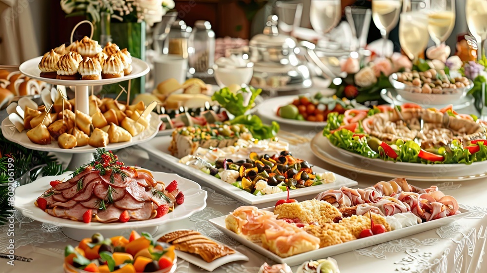 Delicious dinner party table,  food, drinks, diagonal view. happy meal time buffet food 