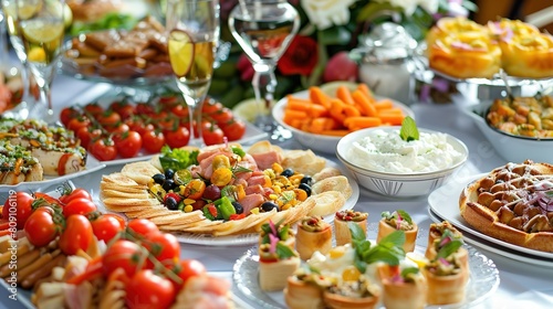 Delicious dinner party table, food, drinks, diagonal view. happy meal time buffet food 